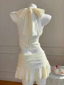 SHEIN EZwear 2 件套女士夏季褶皱露背上衣和迷你裙套装 - 杏色 - 查看 2