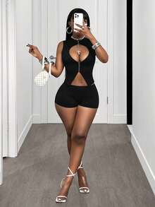 BamGleam 女士纯色镂空性感无袖上衣和短裤两件套 - 黑色 - 查看 4