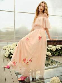 MOTF PREMIUM VESTIDO DE MUJER CON VOLANTES ROMÁNTICOS HOMBROS DESCUBIERTOS Y CINTURA ACAMPANADA, PRIMAVERA/VERANO - Rosa coral - Ver 6