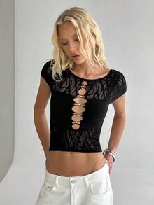 TRNVIE Women's Sexy Black Rhinestone Lace Jacquard Short Sleeve Blouse - Black - View 1