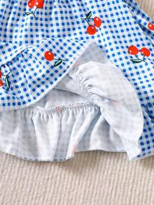 SHEIN 2件套新生女宝宝粉色卡通草莓格子连衣裙，配可爱蝴蝶结发带，0-3个月，柔软弹力舒适，荷叶边装饰，适合外出、度假、拍照，春夏新品 - 藍色 - 查看 6
