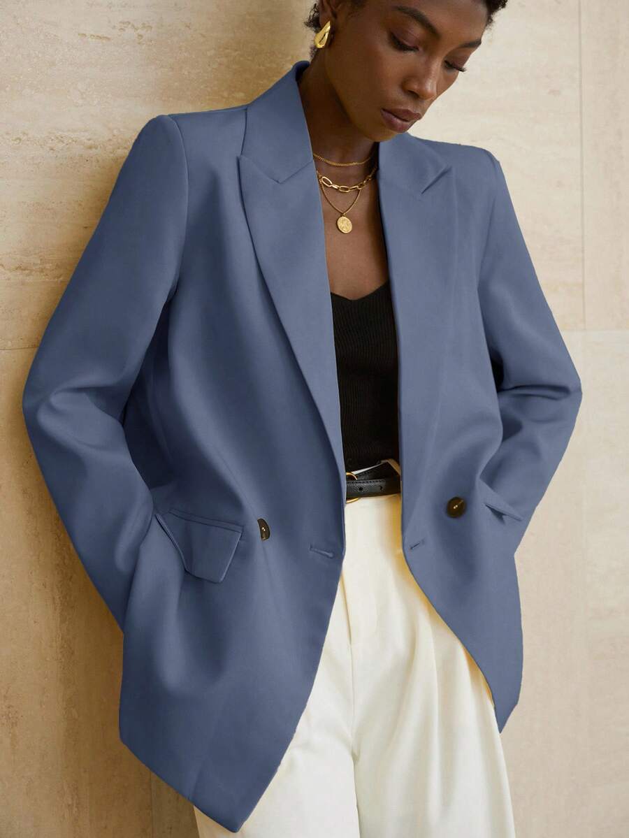Aveloria Modichic Women's Business Style Solid Color Double-Breasted Blazer Jacket For Commuting, Autumn - Blue - View 1