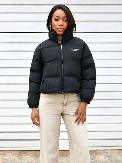 Yess Loren 女士字母印花短款棉衣，冬季女装，女士棉衣外套