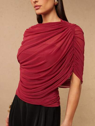 Silquee ملابس علوية نسائية بياقة مكشكشة غير متماثلة بدون أكمام، ربيع/صيف