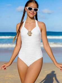 SHEIN 少女连体泳衣，白色波浪花纹面料，金属花朵装饰，沙滩度假 - 白色 - 查看 3