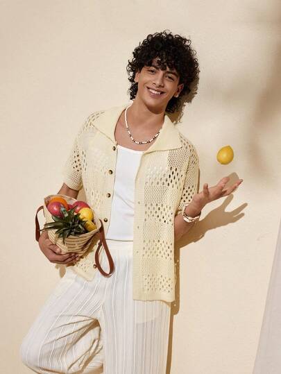 Felipe Marques 男士镂空花卉短袖开衫，休闲百搭，适合春季、夏季、海岛度假、派对、海滩等场合。