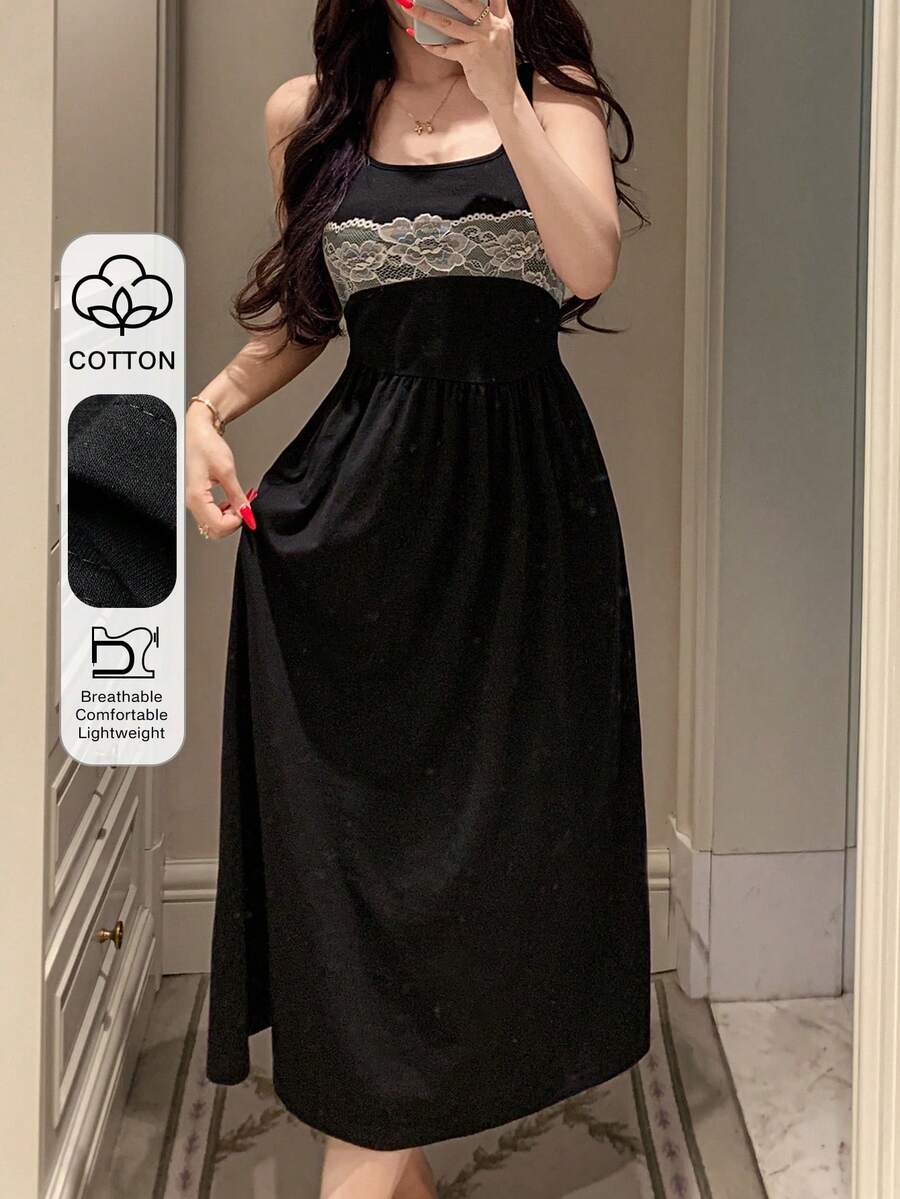 DAZY Contrast Color Lace Patchwork Waist Cinched Mid-Length Women Nightgown - Black - View 1