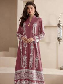 Al Najma New Notched Collar Gold Tassel Pendant High-End Embroidery Elegant Casual/Party Traditional Long Dress - Dusty Pink - View 5