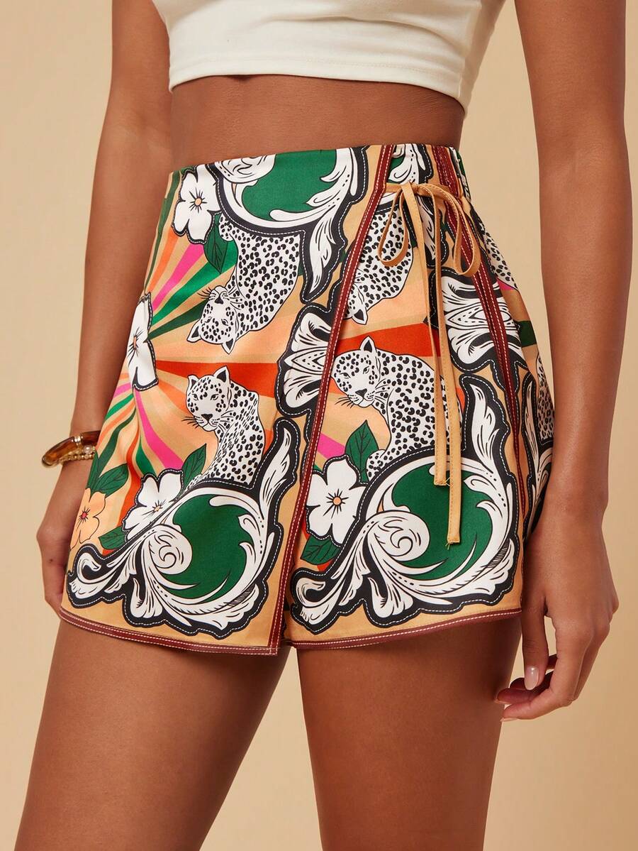 Travachic 女士夏季波西米亚度假风豹纹印花系带短裙，度假，夏季穿搭，夏季服装，女士沙滩装，女士沙滩度假装，女士度假装，沙滩短裤 - 彩色 - 查看 1