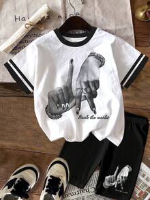 两件套少女休闲简约黑白洛杉矶手势印花短袖宽松T恤和打底裤，街头风，朋克风，适合夏季 - 彩色 - 查看 2