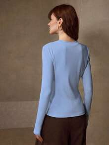 MOTF PREMIUM HIGH STRETCH SKIN-FRIENDLY SOLID COLOR ROUND NECK SLIM FIT FASHIONABLE LONG SLEEVE VERSATILE WOMEN'S BASE LAYER TOP - Blue - View 2