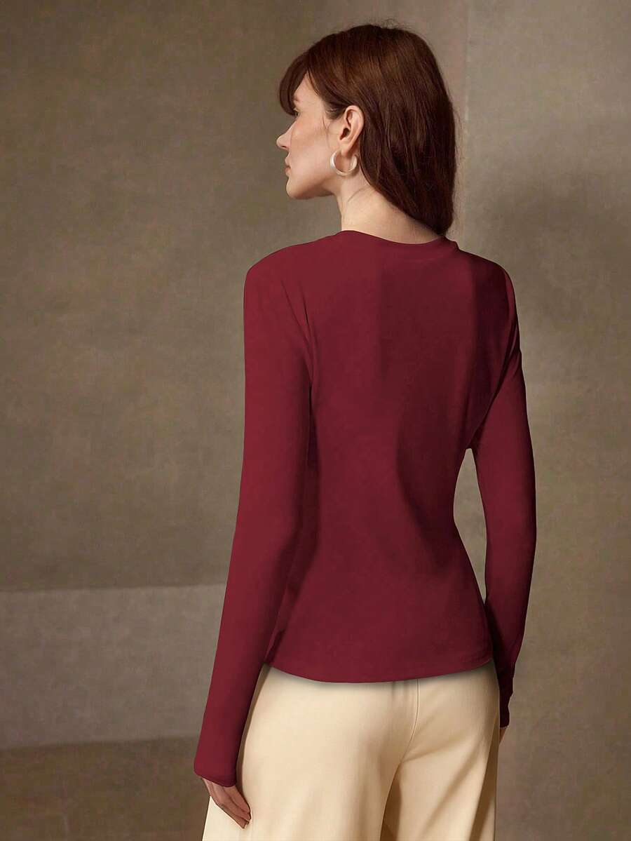 MOTF PREMIUM Áo thun nữ dài tay, màu trơn, co giãn cao, thân thiện với da, cổ tròn, dáng ôm, thời trang, đa năng. - Đỏ - Xem 2