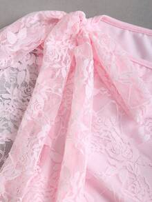 Sweetra Women's Elegant Commuting Daily Wear Pink Sexy Sheer Lace Mini Dress, Boat Neck, Bow Tie Waist, Ruched Waist, Tiered Skirt, Suitable For Summer Party And Occasions - Pink - View 6