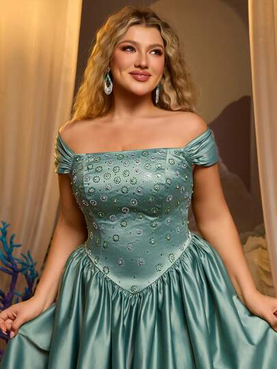 Glamrae 大码优雅浪漫绿色露肩吊带奢华水钻装饰A字连衣裙，适合婚礼、派对、庆典、正式场合（装饰设计）