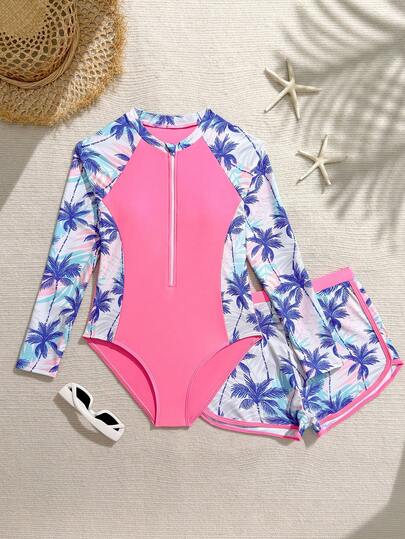 SHEIN Tween Girls Ditsy Floral Long Sleeve Swimwear & Shorts Set, Pink Gradient Palm Tree Pattern, Front Zipper, Modest Coverage, Cute Vacation Y2K Style, Suitable For Swimming, Surfing, Holiday, Beach Swimsuit Long Sleeve And Shorts With Zipper Set For Youth Teen Girl Rash Guard Set Pink And Blue Kids Bathing Suit Swimming Suit For Tweens Beach Bathing Suits For Girls Kids Girl Rash Guard 2 Piece Girl Swim Long Sleeves Set Kids Swimsuits Pink Swimwear Set 3pcs Girls Longsleeve