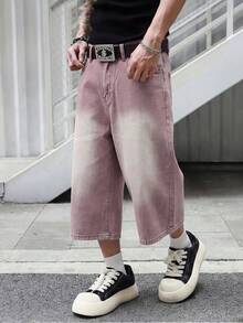 Manfinity EMRG Men's Casual Pocketed Button Fly Wide Leg 3/4 Length Jeans, Versatile For Daily Wear - Pink - View 4