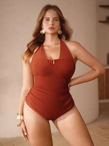 Swim Chiccia 新款夏季海滩度假棕色优雅加大码连体泳衣，显瘦优雅女士假日泳装 - 棕色 - 查看 5