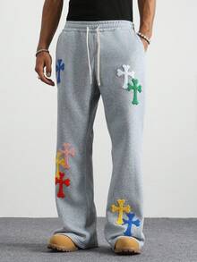 PAVTROS 男士抽绳腰带交叉图案口袋阔腿休闲运动裤 - 灰色 - 查看 5