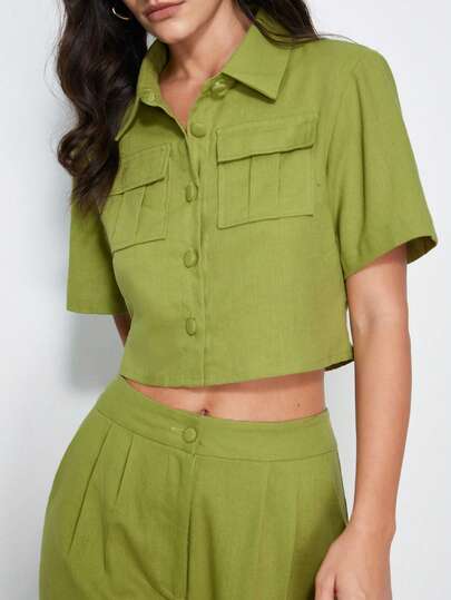 Aveloria Modichic 2pcs Women's Set: Green Linen-Like Short Shirt With Lapel, Paired With High-Waisted Wide-Leg Pants, Minimalist Urban Casual Vacation Style