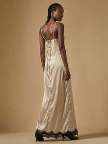 Briarwyn 女士吊带蕾丝拼接高开衩连衣裙，女士夏季连衣裙，夏季穿搭，女士夏季穿搭，女士春季连衣裙，女士情人节穿搭，女士优雅派对礼服，女士婚礼宾客礼服，婚礼派对礼服 - 卡其色 - 查看 2