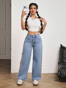 SHEIN PETITE 女士高腰口袋仿珍珠链条镂空阔腿牛仔裤 - 藍色 - 查看 5