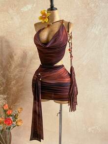 Soleia Váy dạ hội/dự tiệc mùa xuân/hè kiểu dáng thường ngày, phong cách miền Tây, thích hợp cho kỳ nghỉ, đám cưới, lễ tốt nghiệp, tiệc brunch; Váy mini thanh lịch phong cách Boho nhiệt đới hở lưng, cổ yếm, họa tiết ombre, trang trí kim loại, xếp nếp, thích hợp cho hẹn hò, tiệc tùng. - Nhiều màu - Xem 6