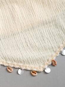 TRNVIE Women's Textured Fabric Halter Backless Shell Tassel Camisole And High Waisted Shorts,Apricot,Summer,Boho,Beach,Holiday Patchwork Outfit - Beige - View 6