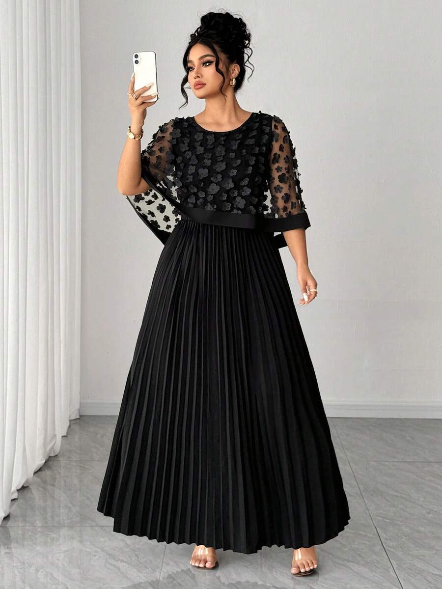 Elenzga 大码女士优雅3D立体花卉网纱褶皱连衣裙 - 黑色 - 查看 1