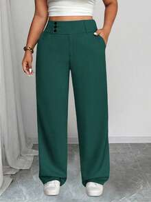 SHEIN PETITE CURVE Celana Panjang Wanita Ukuran Besar Warna Polos dengan Kancing Pinggang, Saku, dan Potongan Lebar - Dark Green - View 6