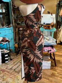 INAWLY Women's Fashion Leaf Print Slit Sleeveless Asymmetric Dress - Multicolor - View 2