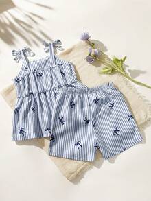 Conjunto de camiseta de tirantes con volantes y shorts con estampado de rayas y lazo para niña - Azul - Ver 2