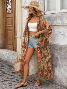 Brillora Áo khoác ngoài kiểu kimono dành cho nữ, họa tiết da báo và hoa, thích hợp cho kỳ nghỉ hoặc đi biển. - Nhiều màu - Xem 4