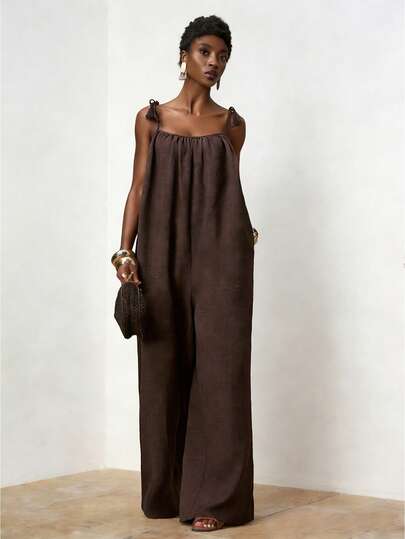 Zivah 2026 Spring/Summer New Valentine's Day/Music Festival Shoulder Tie, Tassel Decor, Front & Back Ruched, Sexy Backless, Bamboo Fiber Loose Straight Leg Jumpsuit, Dark Brown