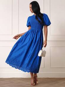 Lilora Women's Elegant Round Neck Gathered Blue Mid-Length Dress - Blue - View 4