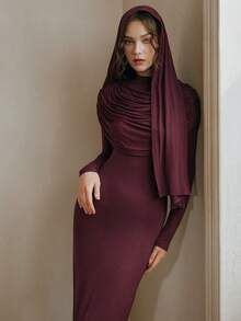Anewsta Elegant Fitted Ruched Turtleneck Evening Dress - Burgundy - View 7