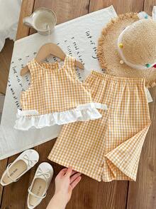 SHEIN LMoss Kids Babygirl Summer Cute Pink & White Plaid Ruffle Sleeveless Top And Elastic Waist Loose Pants Set - Yellow - View 1