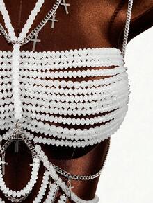 Sirith Conjunto de bikini con parte delantera anudada y espalda descubierta con cuentas de cristal para vacaciones de verano en la playa para mujer - Blanco - Ver 5