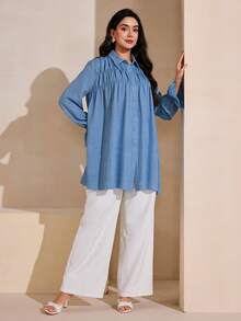 Graceveil 优雅女士荷叶边宽松休闲长袖衬衫，甜美百搭 - 藍色 - 查看 6