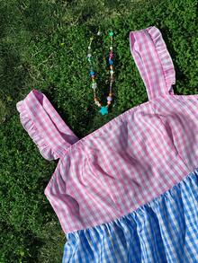 Sweetra Vestido midi de manga corta con parches de cuadros de talla grande y colorido - Multicolor - Ver 6