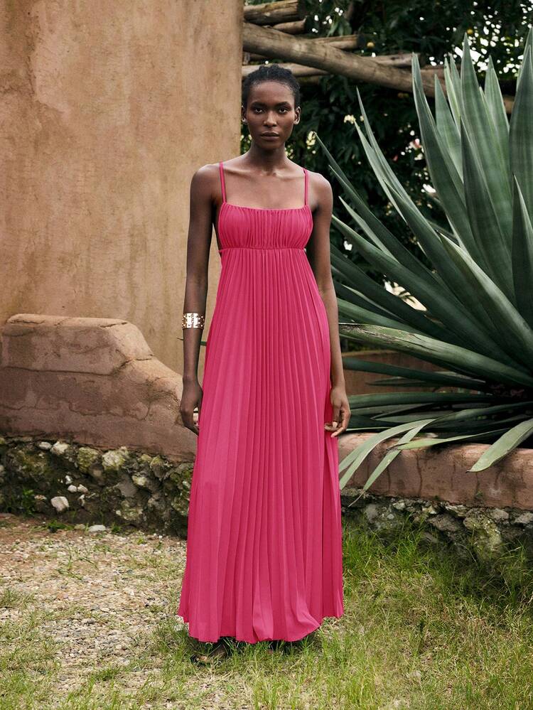 SHEIN Maija Women's Hot Pink Semi-Sheer Pleated Maxi Cami Dress With Spaghetti Strap Neckline Sleeveless Woven Fabric Sexy Plain Style