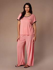 Lazeform Set de pijamale tricotate, casual, fără spate, minimalist, sexy, cu mânecă scurtă, mărime plus, poate fi purtat ca îmbrăcăminte exterioară - Roz - Vizualizare 4