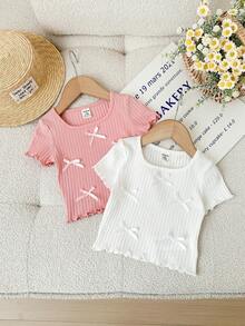 SHEIN LMoss Kids 2件套休闲百搭纯色蝴蝶结针织上衣，适合女婴 - 彩色 - 查看 7