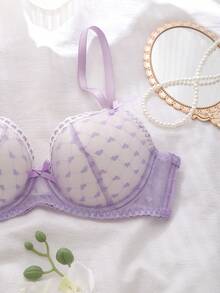 DelicateAllure Áo ngực lưới phối họa tiết trái tim màu tím oải hương với nơ trang trí, chất liệu lưới. - Màu tím hoa cà - Xem 4