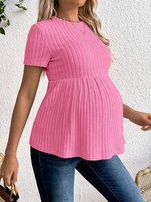 SHEIN Maternity Round Neck Short Sleeve Ribbed Pleated Peplum Solid Tee - Hot Pink - View 1