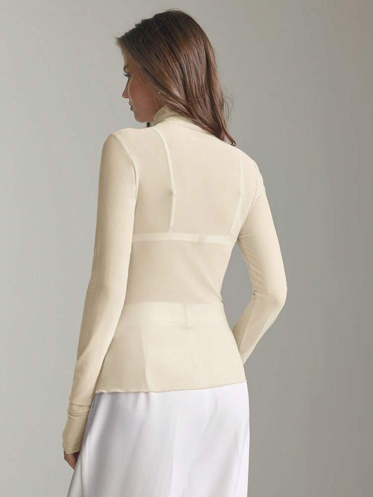 2026SS Stockholm Style, Women's Teacher Outfit, Women's Clothing, High Collar Turtleneck Knit Top, Elegant Summer Blouse, Mesh Long Sleeve Shirt, Business Casual Women's Basic Top, Women's Holiday, Beach, Vacation, Office Outfit