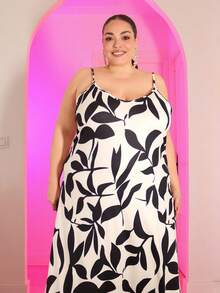 Pretty and Ole Plus Size Vacation Colorblock Leaf Print Casual Sleeveless Dress,Flowy Dress Suitable For Going Out Chic Dress Party - Black and White - View 4