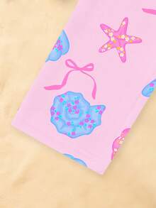 1 Set Girls' Summer Outfit, Pink Pearl Bow + Blue & Pink Starfish Shell Print, Suitable For Beach Vacation, Seaside Play, Casual Daily Wear - Multicolor - View 7