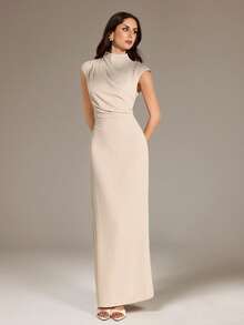 SHEIN Tall 女士优雅简约休闲日常通勤度假时尚新款立领垂袖收腰杏色长裙 - 杏色 - 查看 4