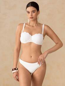 Swim Oasis Women's Solid Color Shell Trim Ruched Bikini Set, Summer - Beige - View 5