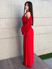 Hitanina 2025 秋冬新款优雅通勤纯色修身亮红色十字领口和流苏长袖女式连体裤，适合派对和日常外出、乡村音乐会服装、万圣节、圣诞节、夜间外出、婚礼宾客礼服、生日礼服、女士早午餐服装、日常外出 -A - 紅色 - 查看 5